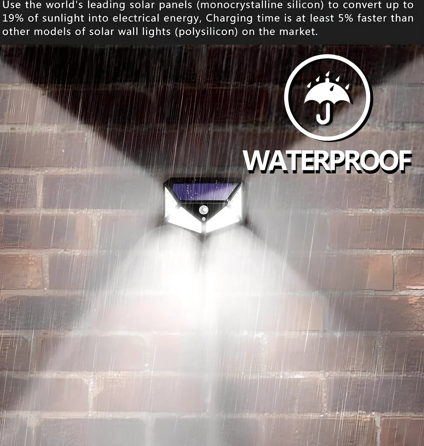 Solar-powered motion sensor wall lamp with 100 LED lights for outdoor courtyard illumination