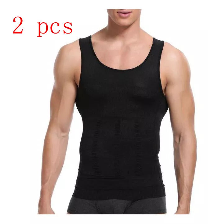 Men's body shaping vest in black or white, U-neck design, sizes M to XXL