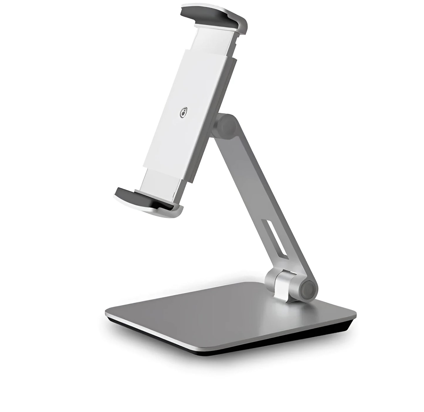 Silver foldable aluminium phone and tablet holder on a wooden desk, showing 360-degree rotation and silicone pads.