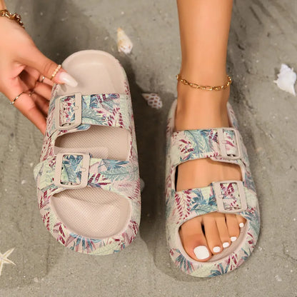 Women's thick bottom EVA slippers in leopard print and paisley patterns for bathroom use.