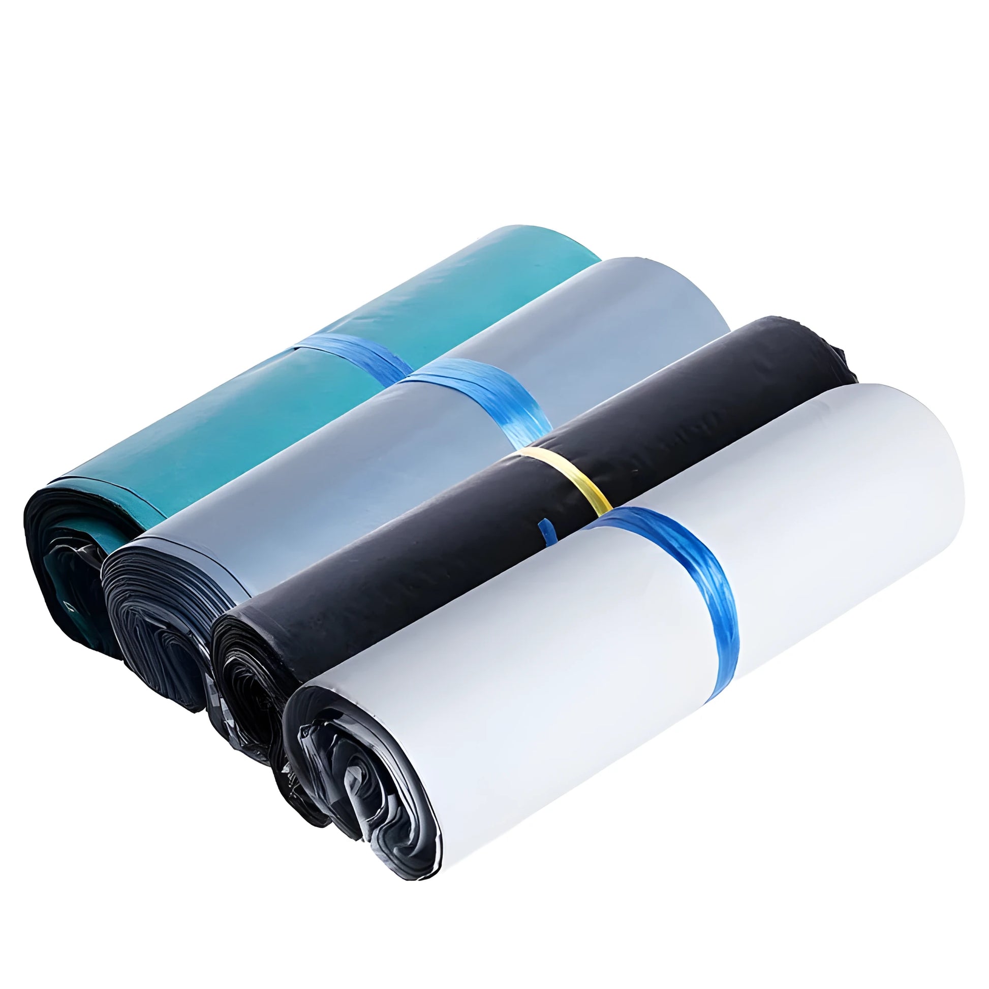 A pack of flat, sealed white PE plastic courier bags with an adhesive strip, showing size options and colour variations.