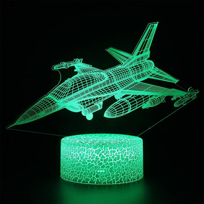 Aeroplane night light with cartoon-style acrylic shade, LED illumination, touch switch control, 175mm by 180mm slim 4mm profile, suitable for corridors, bedrooms, and hotel room accent lighting in a choice of colour-changing modes.