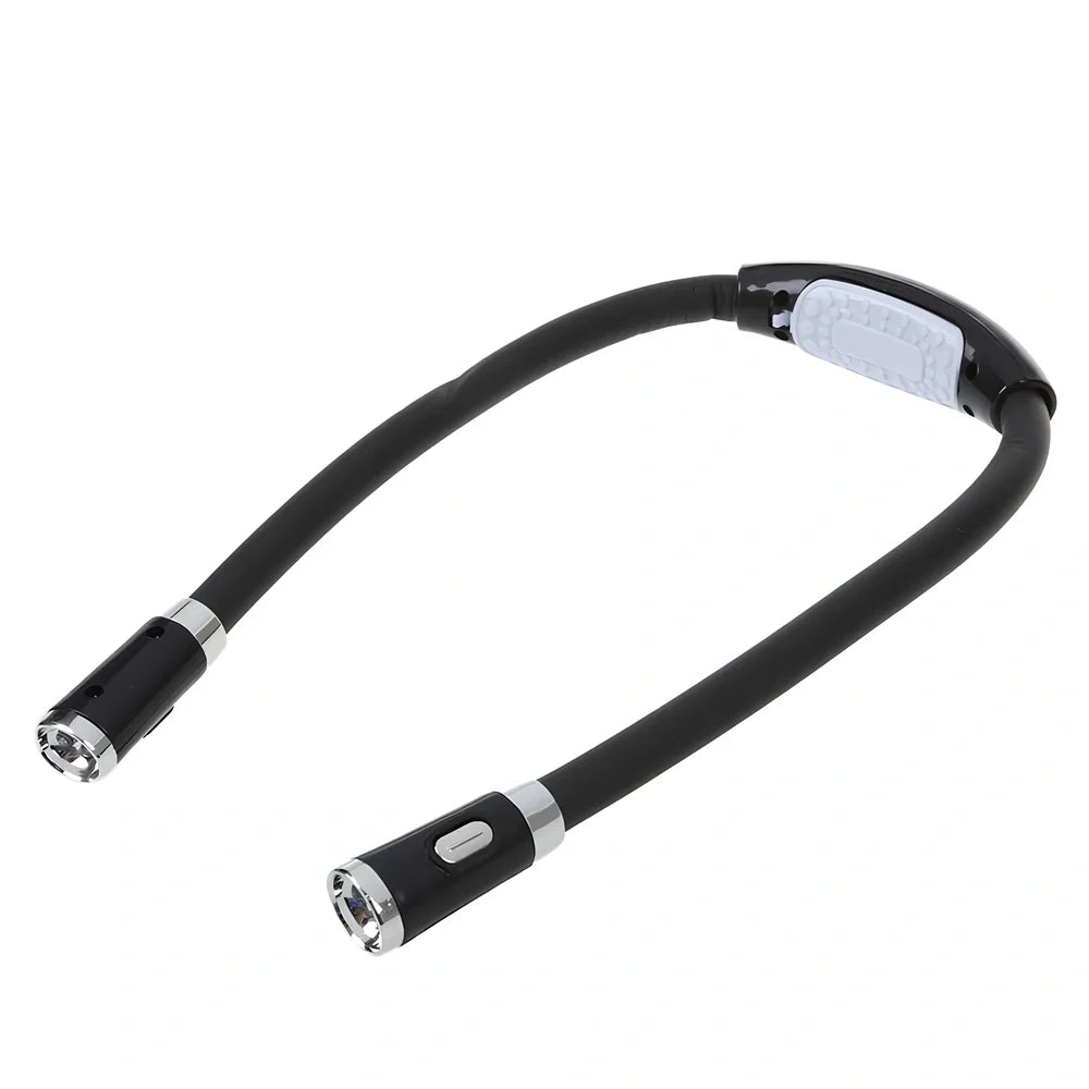 Flexible neck book light with U-shaped design showing adjustable LED reading lamp in use