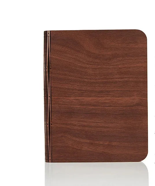 Solid wood USB book light in three sizes showing white and warm white light options.