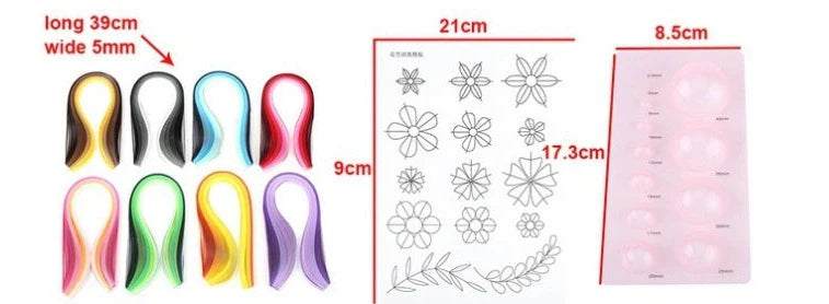 Paper craft kit showing gradient colour paper packs, paper winding disc, wave shaper, and tools in storage box
