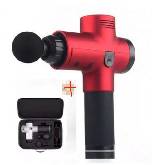 Relax Tissue Deep Muscle Massage Gun with 4 interchangeable heads on a white background