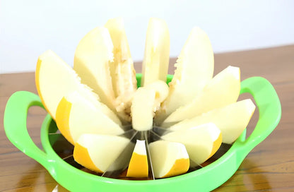 Green watermelon slicer with stainless steel blades and plastic handles for cutting melons