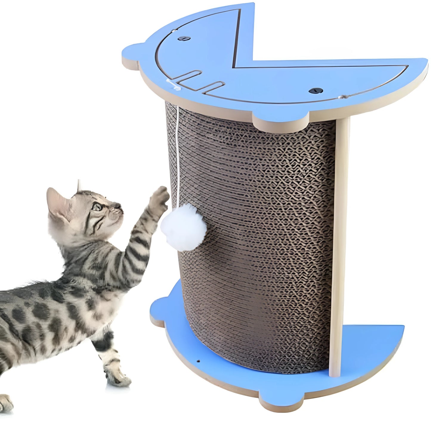 Grey cat using corner scratching pad with hanging ball in room corner