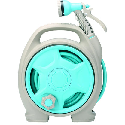 Green car wash hose system with storage frame and collapsible water gun