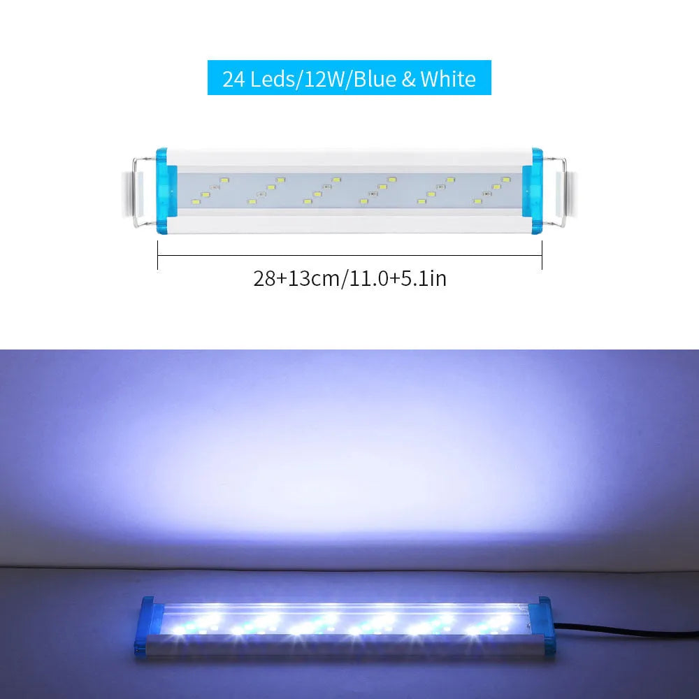 Ultra-thin blue and white LED aquarium light with multiple length options on PVC housing