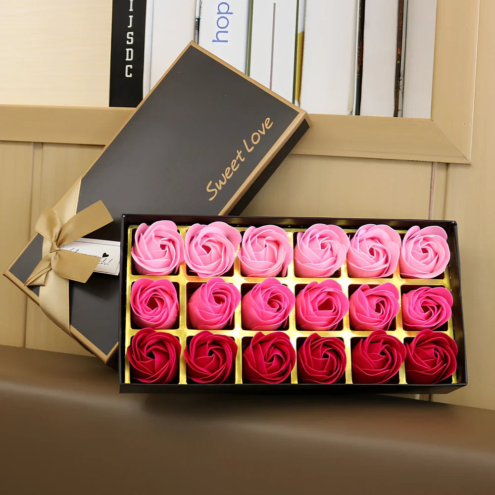 Handmade bouquet of 18 pink gradient rose soap flowers with smooth petals for hand cleansing and decoration