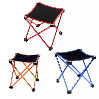 Outdoor folding stool with aluminum frame and Oxford cloth seat in red, blue, or orange