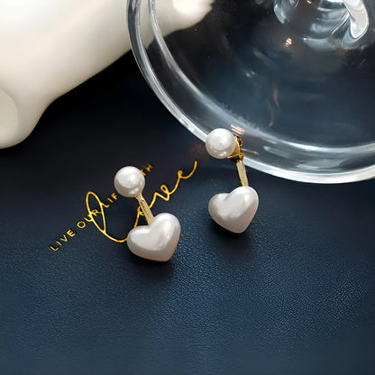 A pair of Korean style heart-shaped stud earrings in alloy with electroplated finish and inlaid artificial gems.