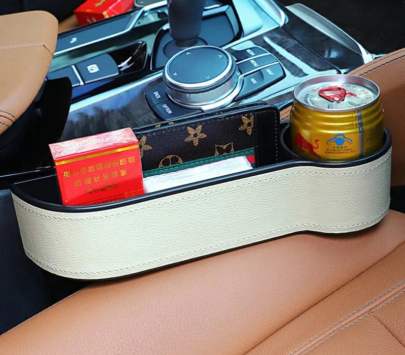 Leather and ABS car storage box, 27cm by 14.5cm by 6cm, for front left or right fit in black, beige, or brown.