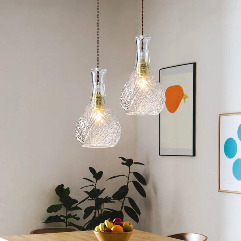 Glass bottle chandelier with adjustable 1.2m height, 150mm glass body, fishing line shape and 220V button switch