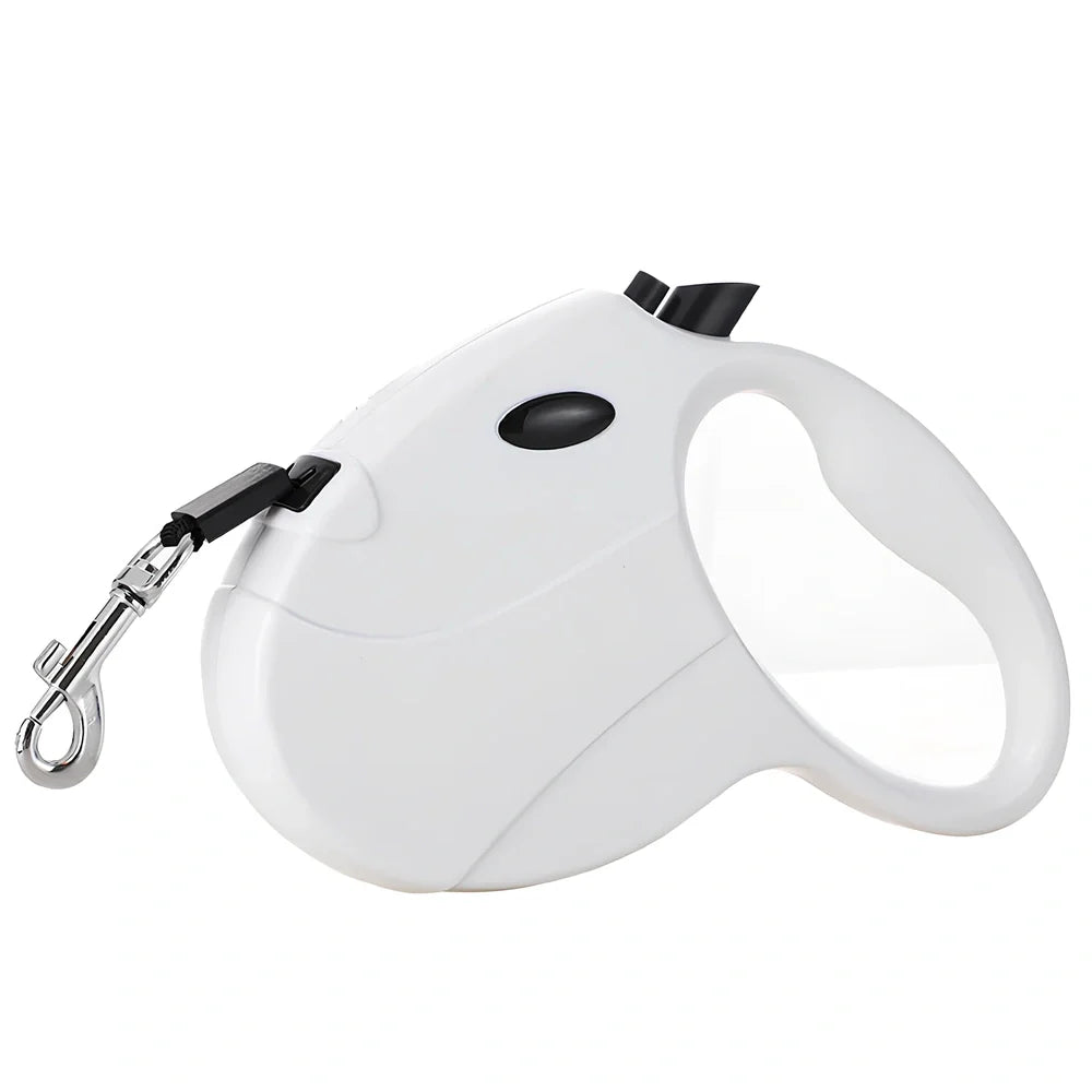 Automatic telescopic pet traction rope showing compact 140x168mm size and ABS plastic construction