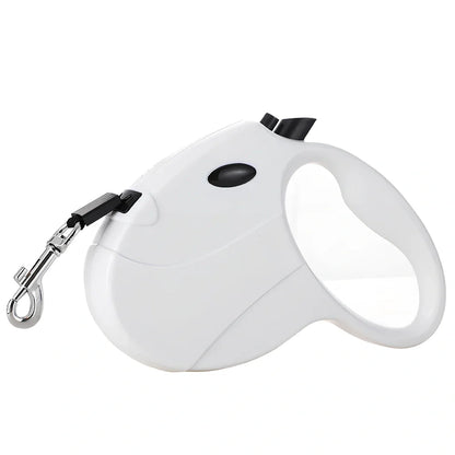 Automatic telescopic pet traction rope showing compact 140x168mm size and ABS plastic construction
