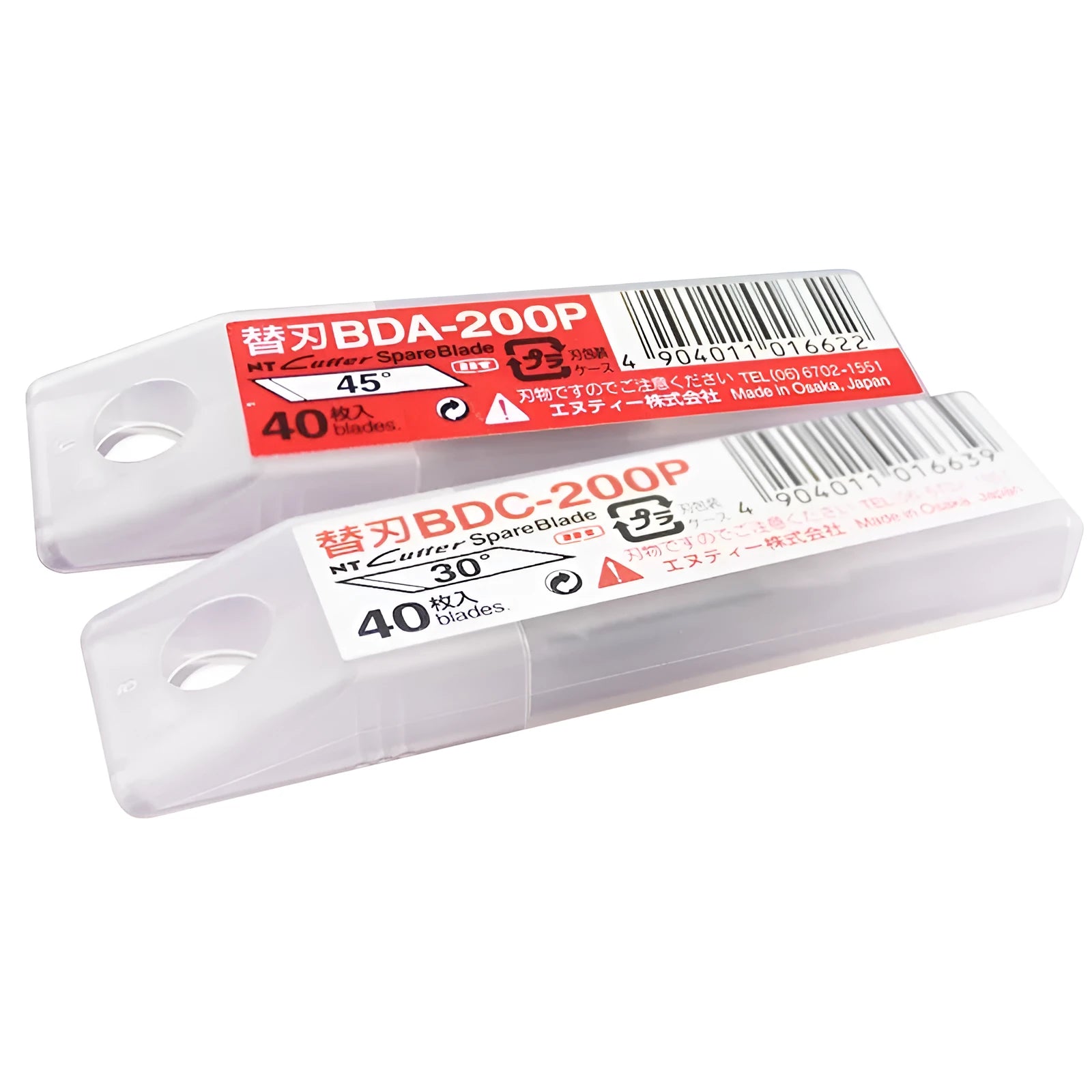 NT Cutter replacement blades set showing BDC-200P 30-degree and BDA-200P 45-degree blade packs