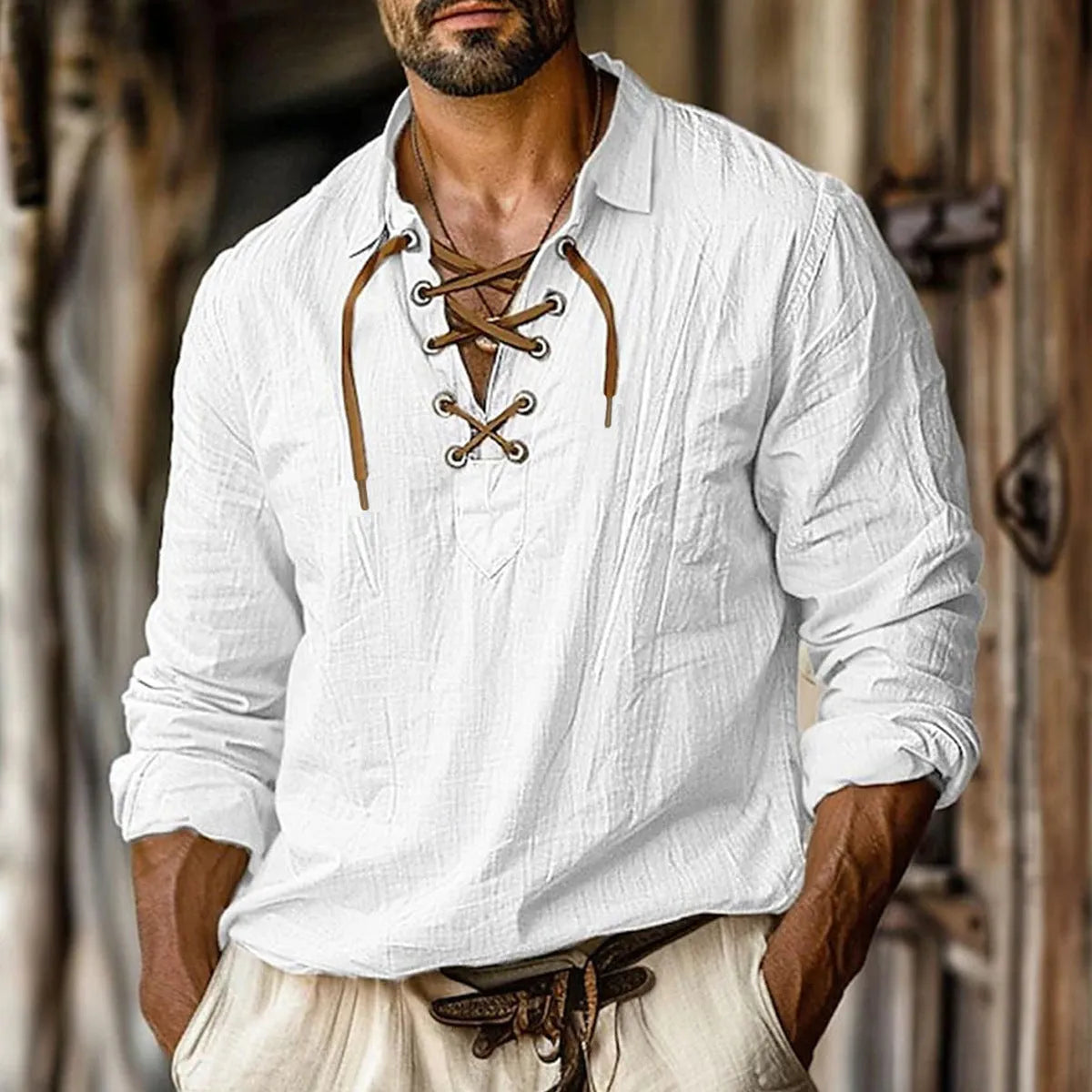 Men's plus size lapels lace shirt in linen blend fabric, loose fit, long sleeves, solid colour options