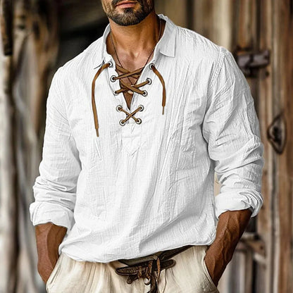 Men's plus size lapels lace shirt in linen blend fabric, loose fit, long sleeves, solid colour options