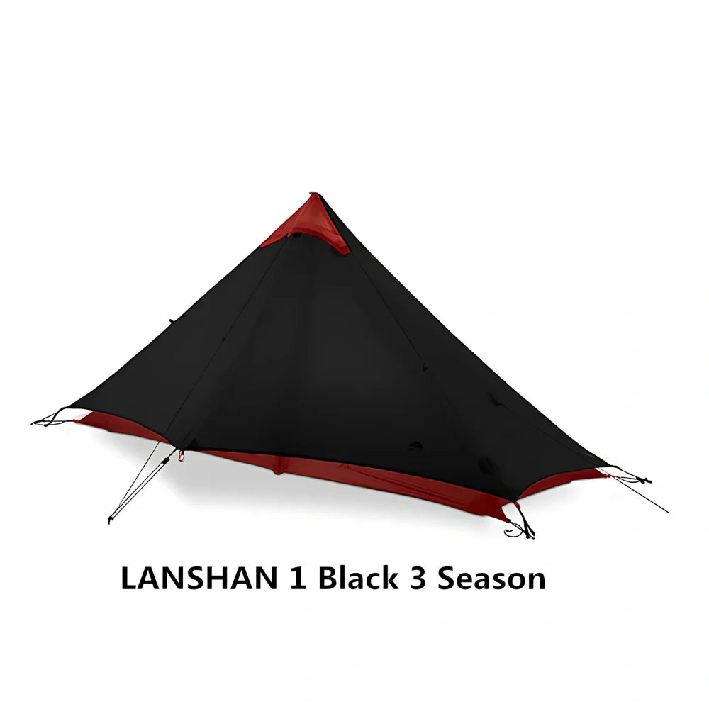 Single tip poleless tent with aluminium supports and camouflage design in outdoor setting