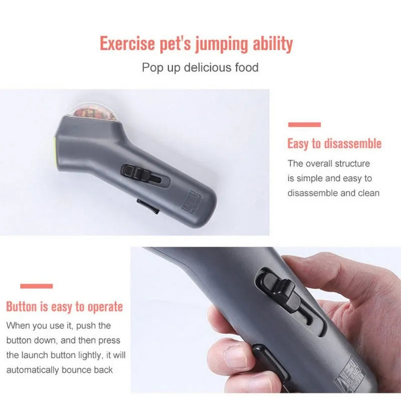 Grey plastic pet snack catapult launcher toy with ergonomic handle, shown with treats.