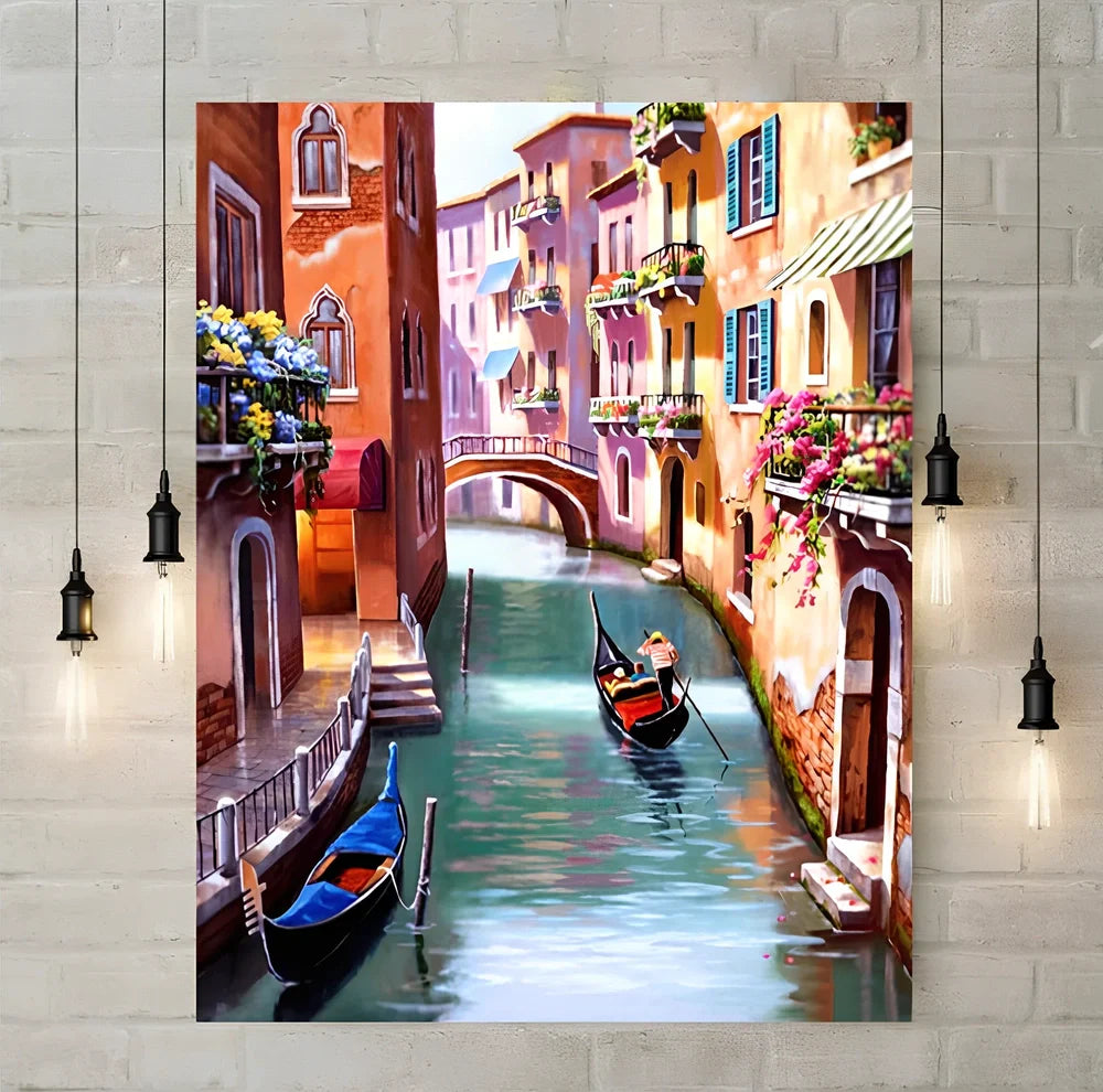 5D diamond painting kit showing Venice artwork on adhesive canvas with resin drills