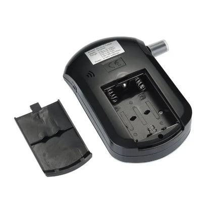 Black portable breath alcohol tester with LCD display and separate mouthpieces on a white background.