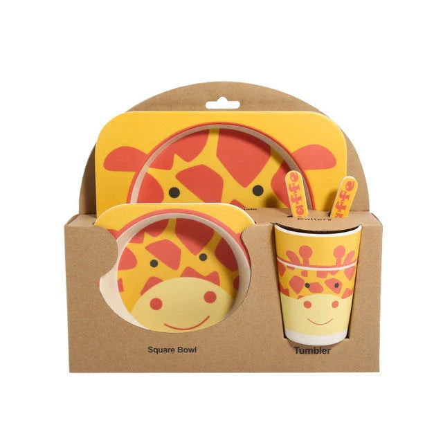 5-piece eco-friendly bamboo fiber children's tableware set with animal designs, including plate, bowl, cup, fork, and spoon