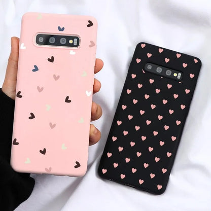 Love Silicone Phone Case for Samsung, TPU back cover, Black Love design with painted dots and animals.