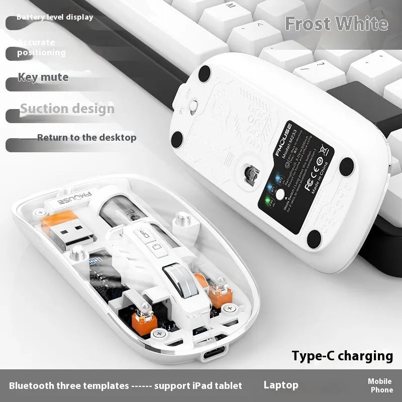 Transparent wireless computer mouse showing internal components with USB connection