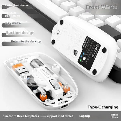 Transparent wireless computer mouse showing internal components with USB connection