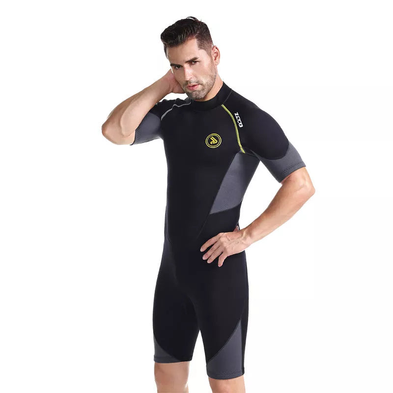 Men's black SCR neoprene summer swimsuit with short sleeves and shorts length