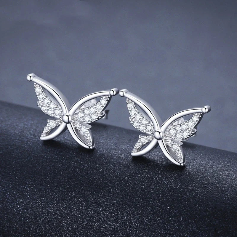 Black butterfly copper-plated stud earrings with full rhinestone zircon detailing