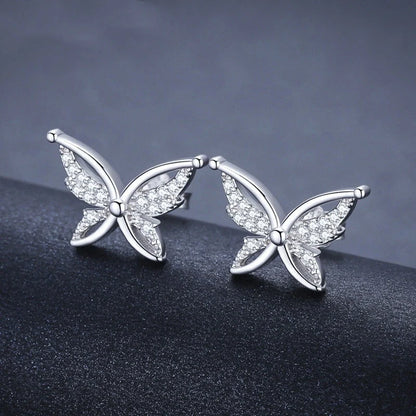 Black butterfly copper-plated stud earrings with full rhinestone zircon detailing