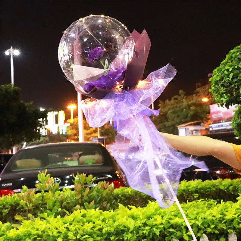 Transparent LED luminous balloon rose bouquet with artificial flowers and illuminated lights