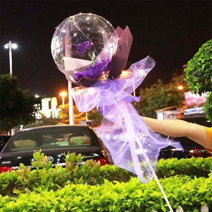 Transparent LED luminous balloon rose bouquet with artificial flowers and illuminated lights