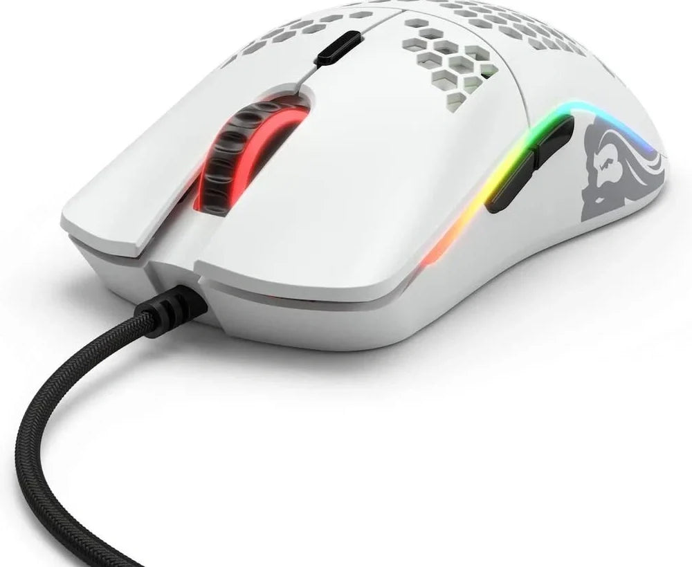 Black matte gaming mouse with hole design showing RGB lighting and ergonomic shape for right-handed use