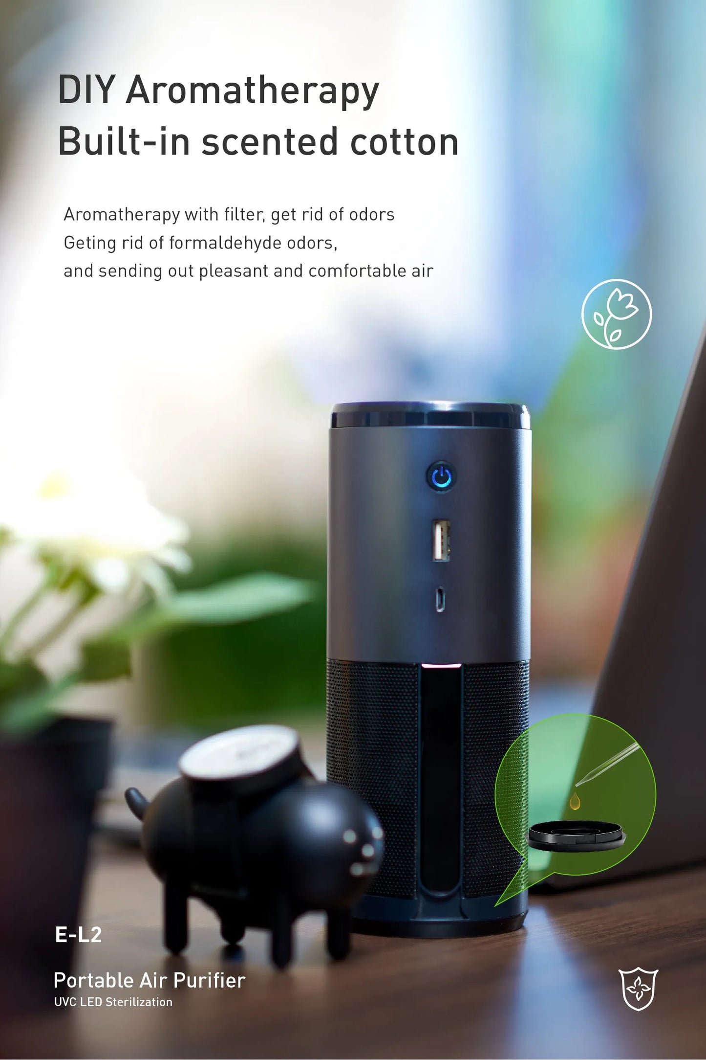 Portable mini car air purifier in black colour with smart sensor display, measuring 6.2 by 17.2 centimetres
