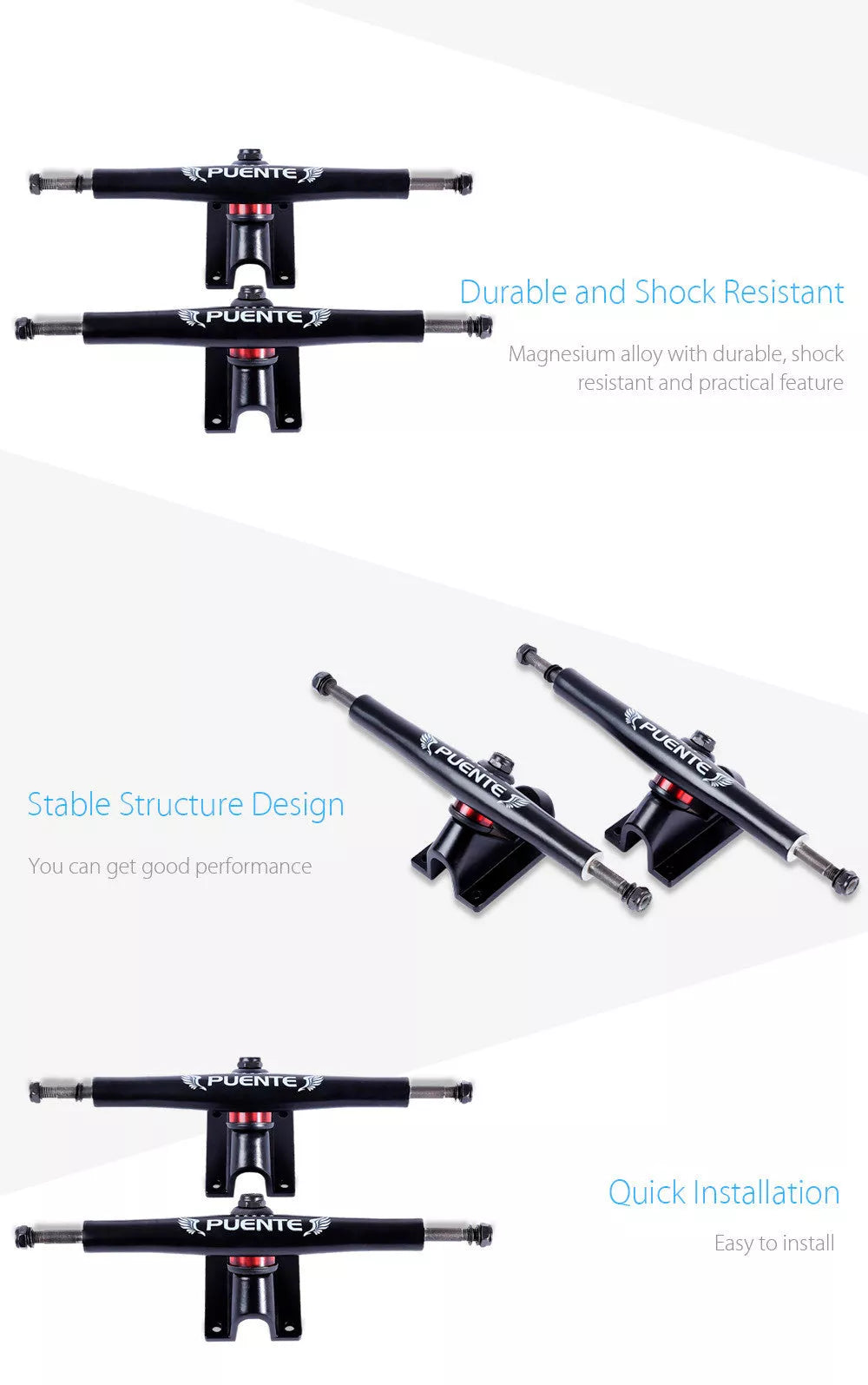 Puente skateboard bracket in black and white, alloy construction for durability