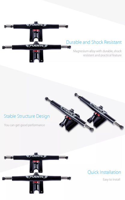 Puente skateboard bracket in black and white, alloy construction for durability