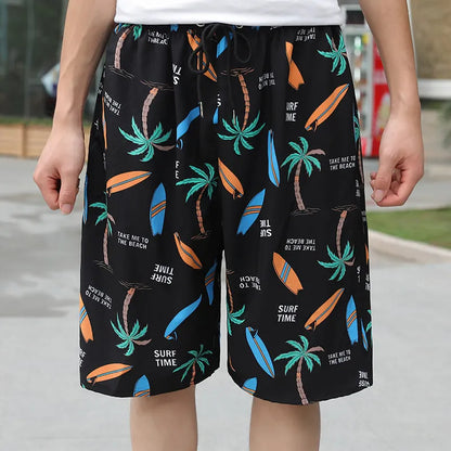 Man wearing loose-fitting striped beach pants made from quick-dry ice silk fabric.
