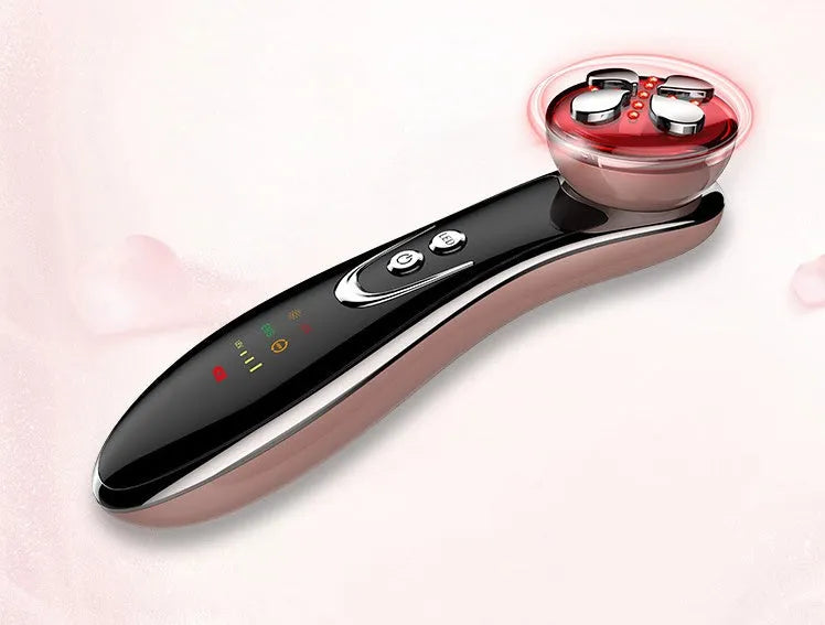 Vibration beauty instrument with medical anti-allergy steel probe, RF EMS sonic vibration and colour light, in rose gold or white
