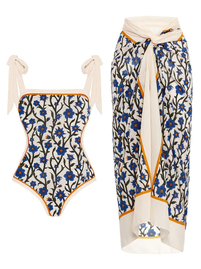 Women's floral printed two-piece swimsuit with chiffon hip skirt in multiple colour options