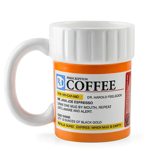 White prescription pill bottle ceramic coffee mug with 350ml capacity and grip handle