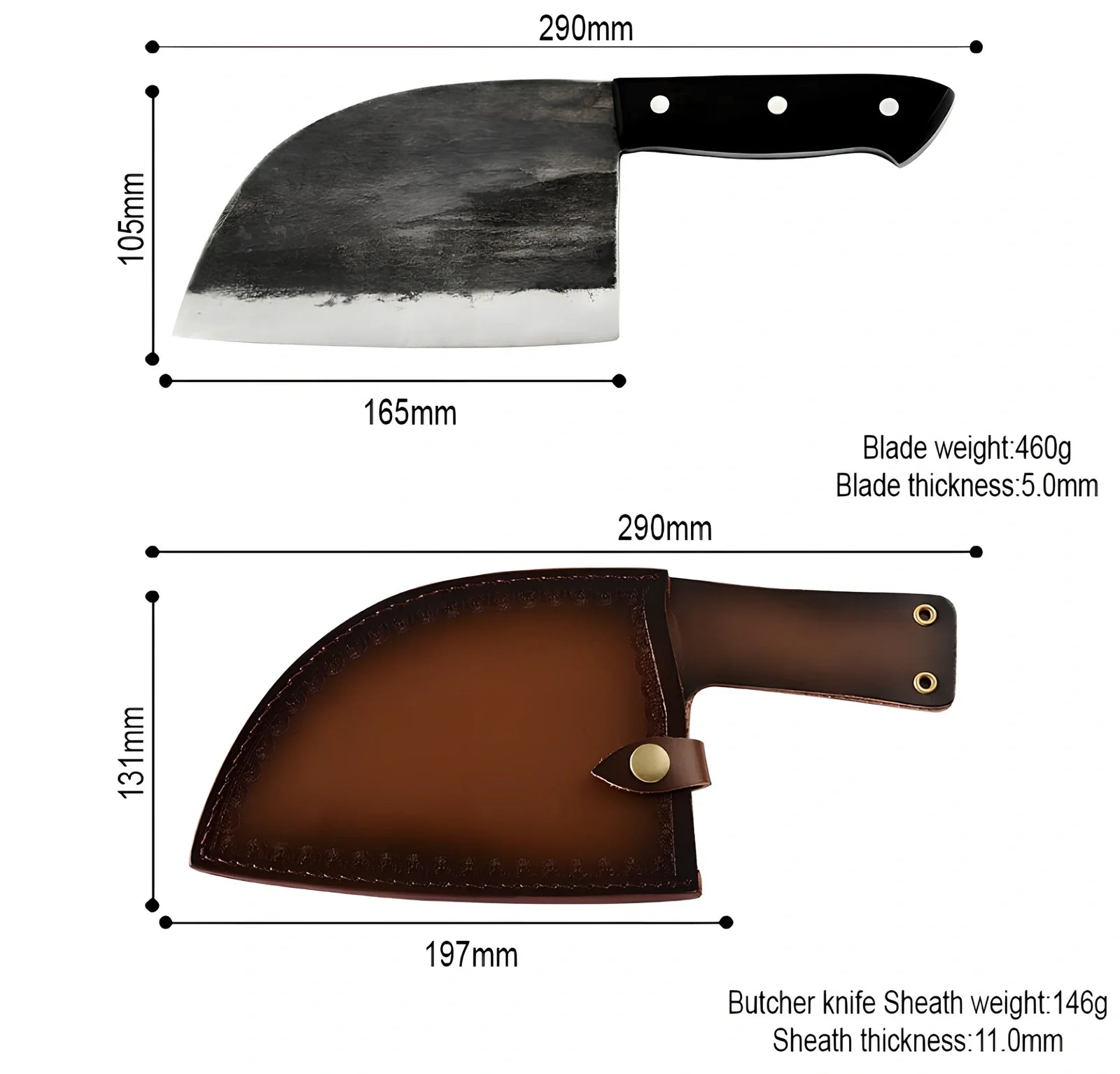 Hand-forged chopping knife with 17cm stainless steel blade and wooden handle