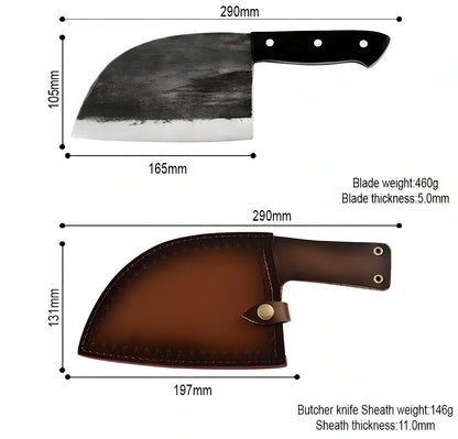 Hand-forged chopping knife with 17cm stainless steel blade and wooden handle