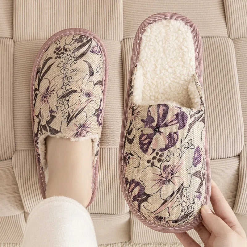 Pair of floral cotton slippers with linen-texture upper and light PVC sole for home wear.