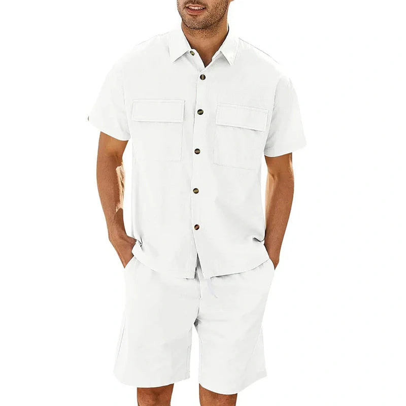 Men's summer suit set with short sleeve lapel shirt and drawstring shorts in various colors