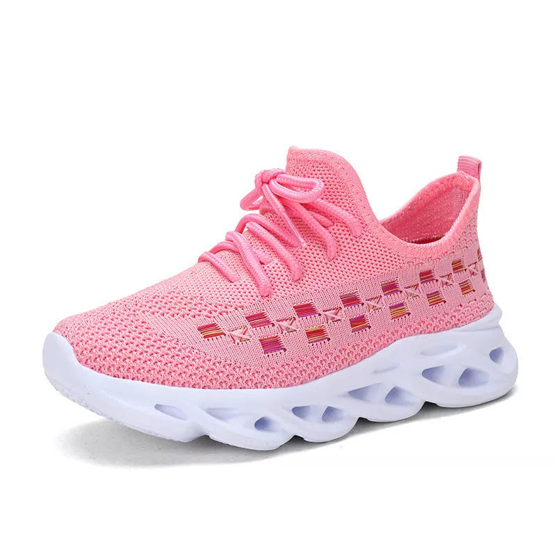Girls' sports shoes with mesh ventilation in black, pink, and apricot